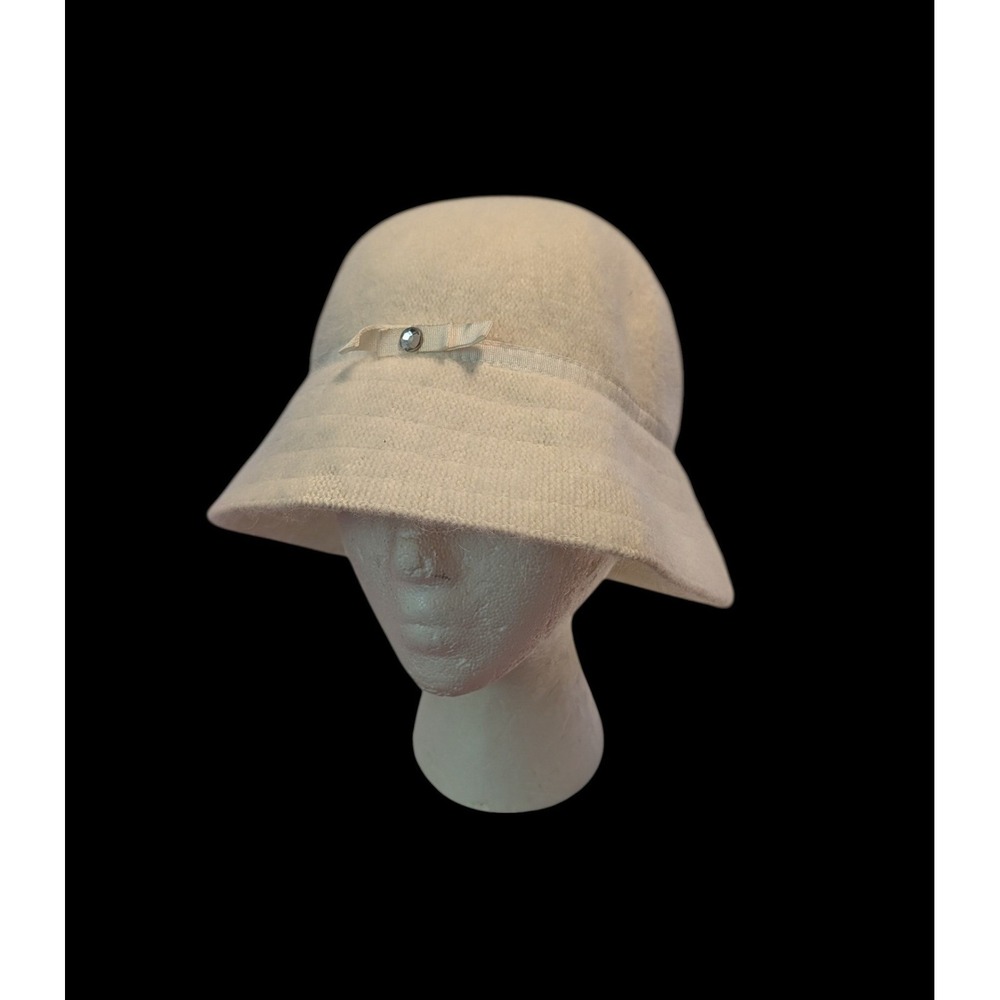 GAP Women Cream Angora Rabbit Hair Wool Blend Cloche Bucket Hat Bow‎ Rhinestone